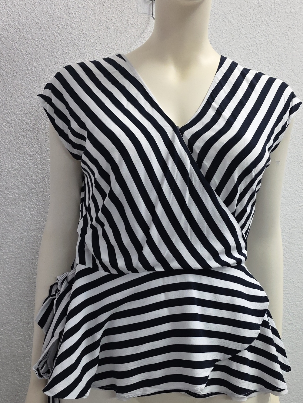 LOFT Striped Faux Wrap Peplum Blouse Black White Size Medium